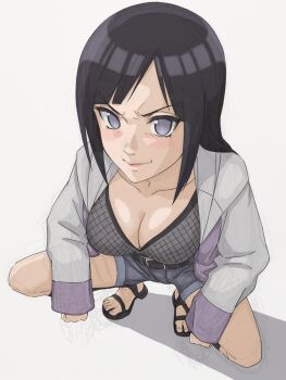1girl belt black_belt black_hair blush breasts byakugan cleavage commentary_request denim denim_shorts fishnet_top fishnets from_above highres hyuuga_hinata large_breasts long_hair long_sleeves looking_at_viewer naruto:_road_to_ninja naruto_(series) naruto_shippuuden no_pupils ponnu_(skeb_boshuuchu) sandals shorts simple_background smile solo squatting toenails toes white_background