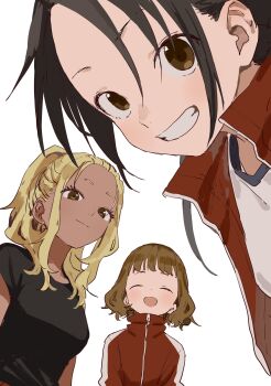 3girls absurdres black_hair black_shirt blonde_hair brown_eyes brown_hair closed_eyes closed_mouth commentary_request grin gym_shirt highres himemiya_yuki ichinose_karina jacket looking_at_viewer manemane_nichinichi multiple_girls nagisa_akane red_jacket shirt sidelocks simple_background smile track_jacket white_background white_shirt yamamoto_souichirou