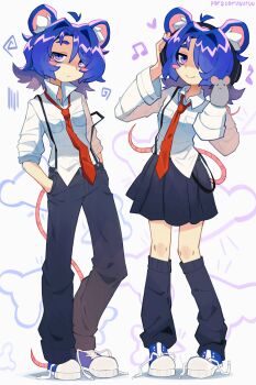 Rule 34 | 1girl, absurdres, ahoge, animal ears, artist name, black leg warmers, blue shoes, blush stickers, breast pocket, clone, closed mouth, hair over one eye, hands in pockets, highres, leg warmers, long sleeves, mouse (animal), mouse ears, mouse girl, mouse tail, musical note, necktie, original, parasoru buruu, pleated skirt, pocket, popped collar, red necktie, shirt, shoes, simple background, single blush sticker, skirt, smile, sneakers, solo, tail, white background, white shirt