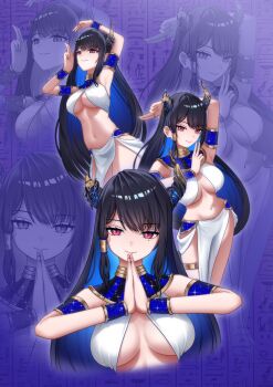 1girl absurdres ancient_egyptian_clothes arm_up armlet arms_up asymmetrical_horns black_hair blue_hair bracelet breasts dancer dancing demon_horns harem_outfit hieroglyphics highres hololive hololive_english horns jewelry large_breasts long_hair mole mole_under_eye multicolored_hair multiple_views nekkutow nerissa_ravencroft own_hands_together pelvic_curtain red_eyes skirt two-tone_hair uneven_horns very_long_hair virtual_youtuber white_skirt