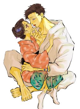 Rule 34 | 1boy, 1girl, barefoot, blue eyes, blush, body markings, brown eyes, brown hair, collarbone, couple, french kiss, full body, hair bun, hair ornament, hakuji (kimetsu no yaiba), hand on another's chest, hand on another's chin, hand on another's hip, hetero, highres, japanese clothes, kimetsu no yaiba, kimono, kiss, koyuki (kimetsu no yaiba), looking at another, nabeoishi 705, no shoes, pants, parted bangs, pink kimono, polka dot, polka dot kimono, saliva, saliva trail, short hair, sidelocks, sitting, sitting on lap, sitting on person, socks, sweat, tongue, tongue out, updo, white kimono, white pants, white socks