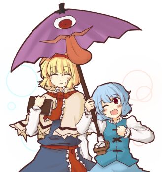 Rule 34 | 2girls, alice margatroid, blonde hair, blue hair, female focus, holding, holding umbrella, lysander z, multiple girls, red eyes, tatara kogasa, tongue, touhou, umbrella