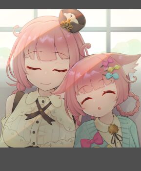 2girls :o ^_^ ahoge animal_ears blunt_bangs braid braided_hair_rings cat_ears cat_girl closed_eyes clothing_cutout collared_shirt hair_ornament hair_rings hairclip hat highres kemono_teatime letterboxed long_hair macaron_(kemono_teatime) minakami_mimimi mini_hat multiple_girls shirt shoulder_cutout siblings sisters sleeping sleeping_on_person smile tarte_(kemono_teatime)