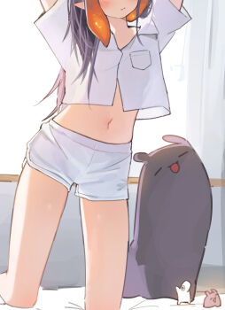 1girl absurdres arms_up bare_legs blush breast_pocket chocosong commentary cropped_shirt curtains day head_out_of_frame highres hololive hololive_english indoors kneeling long_hair midriff navel ninomae_ina'nis pocket pointy_ears purple_hair short_shorts short_sleeves shorts solo takodachi_(ninomae_ina'nis) virtual_youtuber white_shorts window