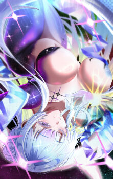 1girl abhaya_mudra absurdres backless_bodysuit black_hole bodysuit breasts colored_eyelashes cosplay covered_navel goddess_of_victory:_nikke highres kappaako long_hair looking_at_viewer multicolored_bodysuit navel nayuta_(nikke) nayuta_(nikke)_(cosplay) nayuta_(wu_wei)_(nikke) official_alternate_costume purple_bodysuit see-through_bodysuit see-through_clothes solo space_skin split-color_clothes thick_eyelashes two-tone_bodysuit unusually_open_eyes very_long_hair water_sleeves white_eyelashes white_hair