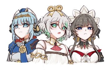 3girls absurdres android ascot bare_shoulders blue_cape blue_eyes blue_hair blush breasts brown_hair cape cecilia_immergreen cecilia_immergreen_(1st_costume) center_frills closed_mouth commentary cropped_torso crossover detached_collar detached_sleeves doll_joints english_commentary frilled_sleeves frills gem genshin_impact green_eyes green_hair grey_hair hair_between_eyes hat highres hololive hololive_english ineffa_(genshin_impact) joints looking_at_viewer multicolored_hair multiple_girls open_mouth red_ascot red_gem robot_ears sandrone_(genshin_impact) short_hair short_hair_with_long_locks sidelocks simple_background strapless upper_body virtual_youtuber white_background white_headdress winding_key zookacchi