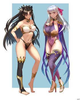 2girls absurdres bare_arms bare_hips bare_legs bare_shoulders black_hair breasts choker cleavage commentary_request covered_erect_nipples covered_navel earrings fate/grand_order fate_(series) fingernails gradient_background high_heels highres ishtar_(fate) jewelry kama_(fate) l2tp large_breasts long_hair looking_at_viewer multiple_girls nail_polish navel pelvic_curtain red_eyes shoulder_pads simple_background single_thighhigh thighhighs white_hair