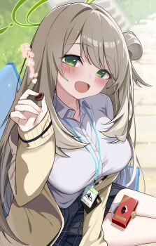 Rule 34 | 1girl, absurdres, black skirt, blonde hair, blue archive, blush, box, box of chocolates, breasts, cardigan, chocolate, commentary request, dress shirt, fingernails, food, green eyes, green halo, hair bun, halo, heart, highres, holding, holding chocolate, holding food, id card, incoming food, lanyard, large breasts, long hair, long sleeves, looking at viewer, mizumok1, nonomi (blue archive), on bench, open cardigan, open clothes, open mouth, outdoors, shirt, single side bun, sitting, skirt, smile, solo, spoken heart, translation request, white shirt, yellow cardigan
