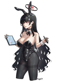 1girl absurdres animal_ears bare_shoulders bing_huyue black_hair black_pantyhose blue_archive blunt_bangs bow bowtie breasts cleavage commentary covered_navel cropped_legs detached_collar english_commentary hair_ornament hairclip halo highres holding holding_stylus holding_tablet_pc large_breasts long_hair mole mole_on_breast pantyhose rabbit_ears red_eyes ringed_eyes rio_(blue_archive) simple_background solo stylus tablet_pc thighband_pantyhose very_long_hair white_background