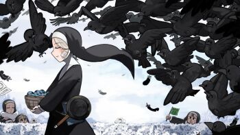 5girls basket bird blonde_hair blue_eyes brown_hair chicken closed_eyes clumsy_nun_(diva) commentary crow diva_(hyxpk) duck egg english_commentary froggy_nun_(diva) frying_pan grey_hair hedge highres holding holding_basket leaf_nun_(diva) little_nuns_(diva) multiple_girls nun smile snow spicy_nun_(diva) star_nun_(diva) star_ornament traditional_nun