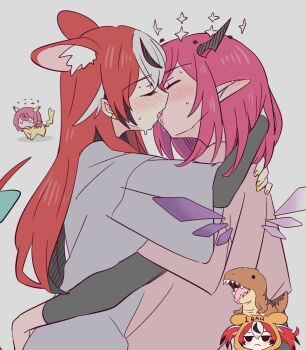 2girls animal_ear_fluff animal_ears black_hair black_horns blush ear_blush fingernails french_kiss grey_background grey_shirt hakos_baelz hololive hololive_english horns irys_(hololive) kiss long_sleeves mouse_ears mouse_girl mouse_tail multicolored_hair multiple_girls nail_polish pink_hair pink_shirt pointy_ears ramphastostella red_hair saliva shirt short_hair simple_background tail virtual_youtuber white_hair wings yellow_nails yuri