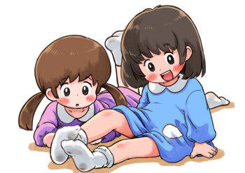 2girls black_eyes blush brown_hair child commentary_request highres koeda_shiro long_hair low_twintails multiple_girls open_mouth original shirt simple_background sitting smile socks twintails white_background