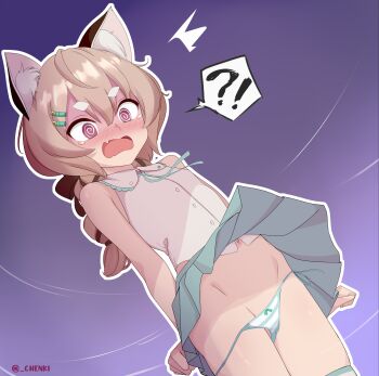 !? 1girl @_@ ^^^ absurdres animal_ear_fluff animal_ears artist_name bamboo_hair_ornament bare_shoulders blue_skirt blush bow bow_panties braid breasts brown_hair chenki_(chenki) clothes_lift collared_shirt cowboy_shot dutch_angle fang gradient_background green_panties green_ribbon green_skirt green_thighhighs groin hair_between_eyes hair_ornament hairclip highres komachi_panko komachi_panko_(1st_costume) loli long_hair lowleg navel neck_ribbon nose_blush open_mouth outline panties panty_pull parallel_hairclips phase_connect pleated_skirt purple_background purple_eyes raccoon_ears raccoon_girl red_panda_ears red_panda_girl ribbon shirt side-tie_panties simple_background skin_fang skirt skirt_lift sleeveless sleeveless_shirt small_breasts solo speech_bubble spoken_interrobang striped_clothes striped_panties striped_thighhighs tearing_up tears thick_eyebrows thighhighs twin_braids twitter_username underwear untied_panties virtual_youtuber wavy_mouth white_outline white_shirt white_thighhighs wind wind_lift
