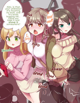 1futa 2girls bag blonde_hair blush breasts brown_hair bulge buttjob buttjob_over_clothes cellphone censored chijo chikan crowded dry_humping english_text erection erection_under_clothes futa_with_female futamrpw futanari green_eyes heart heart_censor highres humping jacket large_breasts leggings molestation multiple_girls phone red_eyes shirt skirt smartphone sweater tears train train_interior