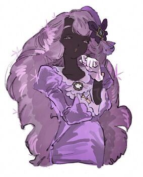 1girl ascot bow commentary dark-skinned_female dark_skin fascinator frilled_ascot frills glove_bow gloves hair_ornament half-closed_eyes hand_to_own_mouth hand_up jacinthe_(pokemon) juliet_sleeves long_hair long_sleeves looking_at_viewer na_(ajinori_oisiina) nintendo open_mouth pokemon pokemon_legends:_z-a puffy_sleeves purple_eyes purple_gloves purple_hair smile smug solo sparkle symbol-only_commentary very_dark_skin very_long_hair yellow_bow