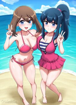 2girls beach bikini breasts canadiananiguy dawn_(pokemon) highres large_breasts may_(pokemon) multiple_girls nintendo pokemon swimsuit