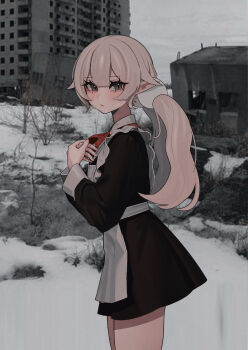 1girl apron black_dress blonde_hair blush dress expressionless grey_eyes grey_sky highres kiriyaukiyoe long_hair looking_at_viewer original outdoors photo_background pointy_ears school_uniform sky snow solo soviet_school_uniform twintails winter