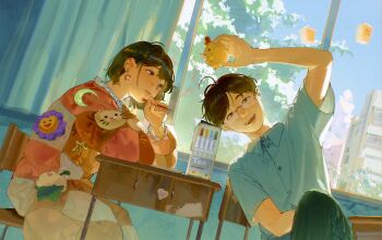 1boy 1girl :d absurdres amo_(amo_0514) arm_up backlighting black_hair black_pants blue_shirt blue_sky blush brown_eyes brown_hair building chair classroom closed_mouth cloud collared_shirt commentary_request crossed_legs curtains day desk dress dutch_angle earrings elbow_rest feet_out_of_frame flower_earrings frilled_dress frilled_sleeves frills from_side glasses hair_behind_ear hand_up highres holding holding_pencil holding_stuffed_toy indoors jewelry leaning_forward leaning_to_the_side long_sleeves looking_at_another looking_at_viewer marker mechanical_pencil multicolored_dress open_mouth original pants parted_bangs patchwork_clothes pencil red_dress school_chair school_desk shirt short_hair short_sleeves sitting sky smile stuffed_animal stuffed_toy sunlight teeth tree upper_teeth_only window