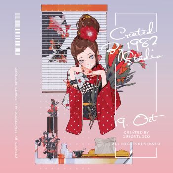 Rule 34 | 1girl, artist name, bag, barcode, bead bracelet, beads, blue eyes, bouquet, bowl, bracelet, braid, braided bangs, brooch, brown hair, checkered clothes, chinese commentary, closed mouth, cropped torso, eye symbol, eyepatch, fish, floral print, floral print kimono, flower, flower request, goldfish, gradient background, grey background, hair bun, hair flower, hair ornament, hairclip, heart, heart eyepatch, heart ring, highres, holding, holding bouquet, interlocked fingers, japanese clothes, jar, jewelry, kimono, light blush, long sleeves, looking at viewer, mole, mole under eye, multiple rings, nail polish, nickel nike, obi, obiage, obijime, orange flower, orange nails, original, own hands together, paper bag, pink background, pinky ring, polka dot, polka dot kimono, print kimono, red flower, red kimono, red pupils, ring, sash, sidelocks, single hair bun, smile, solo, strawberry ring, swept bangs, tray, upturned eyes, vase, window blinds