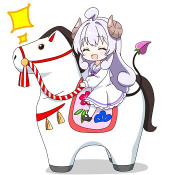 1girl :d ^_^ ahoge black_shoes blush brown_horns chibi chibi_only closed_eyes commentary_request curled_horns demon_girl demon_horns demon_tail dress frilled_dress frills full_body hair_intakes horns horse kotatsu-mazoku lilith_(homunculus)_(machikado_mazoku) lilith_(machikado_mazoku) long_hair long_sleeves machikado_mazoku neckerchief open_mouth pantyhose purple_hair purple_neckerchief sailor_collar sailor_dress shoes sidelocks simple_background sitting smile solo sparkle tail white_background white_dress white_pantyhose white_sailor_collar