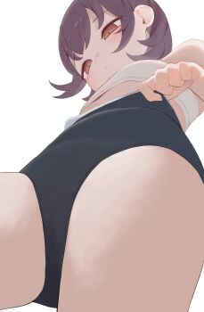 1girl black_hair black_one-piece_swimsuit bra breasts brown_eyes from_below highres hiroki_(yyqw7151) one-piece_swimsuit original short_hair simple_background small_breasts solo swimsuit thighs underwear white_background white_bra