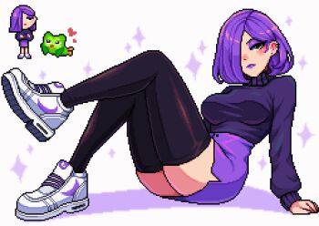 1girl arm_support aseprite_(medium) black_eyes black_thighhighs blush breasts commentary crossed_arms duo_(duolingo) duolingo earrings english_commentary eyeshadow hair_over_one_eye heart highres jewelry large_breasts lily_(duolingo) lipstick looking_at_another looking_at_viewer makeup medium_hair pixel_art purple_eyeshadow purple_hair purple_lips purple_skirt purple_sweater shoes side_slit simple_background sitting skirt sparkle stud_earrings sweater thighhighs thighs turtleneck turtleneck_sweater white_background yumykon zettai_ryouiki