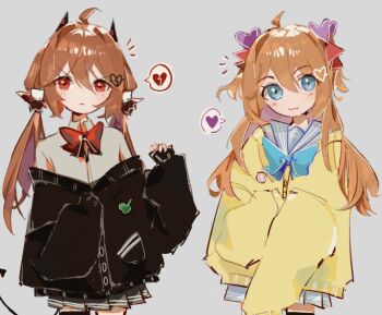 2girls :3 ahoge alternate_hairstyle asymmetrical_legwear baggy_clothes black_cardigan black_thighhighs blue_bow blue_bowtie blue_eyes blue_sailor_collar blue_serafuku blue_skirt bow bowtie brown_hair cardigan closed_mouth collared_shirt cowboy_shot demon_horns demon_tail double-parted_bangs evil_neuro-sama frown grey_background grey_skirt hair_between_eyes hair_intakes hair_ornament hair_ribbon hashtag-only_commentary head_tilt heart heart_hair_ornament horns long_hair long_sleeves looking_at_viewer low_twintails miniskirt multiple_girls neuro-sama no_nose nostyx_x notice_lines off-shoulder_cardigan pleated_skirt red_bow red_bowtie red_eyes red_ribbon ribbon sailor_collar school_uniform serafuku shirt siblings simple_background sisters skirt skull_hair_ornament sleeves_past_fingers sleeves_past_wrists spoken_broken_heart spoken_heart tail thighhighs torn_hair_ribbon twins twintails two_side_up vedal_ai white_shirt