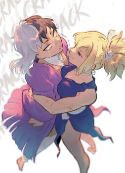 Rule 34 | 1boy, 1girl, asagiri gen, barefoot, black hair, blonde hair, blue eyes, breasts, chancake, choker, cleavage, commentary, crying, crying with eyes open, dr. stone, drooling, english commentary, english text, fluffy hair, from above, high ponytail, hug, japanese clothes, kimono, kohaku (dr. stone), looking at another, medium hair, multicolored hair, pink kimono, ponytail, saliva, saliva trail, simple background, smile, smirk, split-color hair, tears, two-tone hair, veins, veiny arms, veiny hands, white background, white choker, white hair