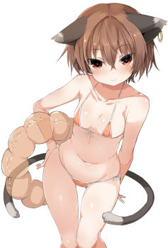 Rule 34 | 1girl, animal ears, belly, bikini, blush, breasts, brown eyes, brown hair, cat, cat ears, chen, collarbone, contrapposto, earrings, female focus, front-tie bikini top, front-tie top, gluteal fold, greatmosu, hair between eyes, hand on own hip, highres, innertube, jewelry, legs together, looking at viewer, micro bikini, multiple tails, navel, orange bikini, paw print, plump, short hair, side-tie bikini bottom, simple background, single earring, small breasts, smile, solo, standing, string bikini, swim ring, swimsuit, symbol-shaped pupils, tail, thigh gap, touhou, tsurime, two tails, white background