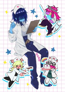 1boy 1other 2girls 5x5fo blue_hair blue_pants blue_shirt blue_shoes blue_skin chibi chibi_inset clipboard closed_mouth coat colored_skin commentary deltarune full_body grid_background hat highres holding holding_clipboard holding_pen kris_(dark_world)_(deltarune) kris_(deltarune) kris_(takecare)_(deltarune) lab_coat multiple_girls noelle_holiday noelle_holiday_(dark_world) noelle_holiday_(takecare) nurse nurse_cap open_clothes open_coat oversized_object pants pen ralsei ralsei_(takecare) shaded_face shirt shoes short_hair solo_focus star_(symbol) susie_(dark_world)_(deltarune) susie_(deltarune) susie_(takecare)_(deltarune) symbol-only_commentary syringe twitter_username utdr_(toby_fox) white_background white_coat white_hat