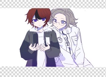 aotsuki_eito black_hair blue_eyes checkered_border eyebrows glasses grey_hair highres hood long_sleeves multicolored_eyes multicolored_hair red_eyes red_hair simple_background sumino_takumi the_hundred_line_-last_defense_academy- upper_body white_background