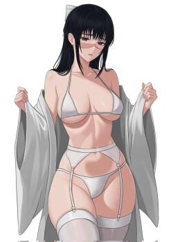 Rule 34 | 1girl, bare shoulders, black hair, bow, bra, breasts, brown eyes, commentary, garter belt, garter straps, highres, iori utahime, jujutsu kaisen, lingerie, long hair, looking at viewer, open clothes, open robe, panties, pcharlesart, robe, scar, scar on face, solo, thighhighs, thighs, underwear, white background, white bra, white garter belt, white panties, white robe, white thighhighs