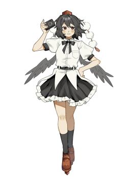 Rule 34 | 1girl, belt, black belt, black hair, black ribbon, black skirt, black socks, black wings, camera, closed mouth, collared shirt, commentary, full body, geta, hat, highres, holding, holding camera, kneehighs, looking at viewer, neck ribbon, pom pom (clothes), puffy short sleeves, puffy sleeves, red eyes, red shoes, ribbon, sakic43899, shameimaru aya, shirt, shoes, short hair, short sleeves, simple background, skirt, smile, socks, solo, standing, tengu-geta, tokin hat, touhou, white background, white shirt, wings
