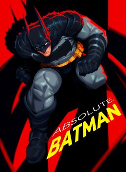 1boy absolute_batman absolute_dc back_spikes bat_mask batman batman_symbol belt bodysuit commentary cowl dc_comics english_commentary grey_bodysuit highres maebiel male_focus multicolored_bodysuit muscular muscular_male solo superhero_costume two-tone_bodysuit utility_belt