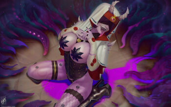 1girl adepta_sororitas blindfold breasts corruption corset demon_girl high_heels highres large_breasts long_tongue on_floor pasties purity_seal purple_hair seiza sharp_teeth short_hair sitting smile solo teeth tentacles themaestronoob thighhighs thong tongue tongue_out warhammer_40k