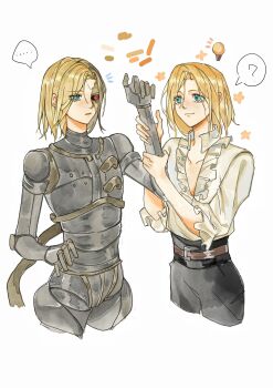 ... 2boys ? artificial_eye belt black_pants blonde_hair blue_eyes chinese_commentary closed_mouth collarbone commentary_request dual_persona high-waist_pants highres lies_of_p liudongxx male_focus mechanical_eye medium_hair multiple_boys pants puppet red_eyes romeo_(lies_of_p) romeo_king_of_puppets shirt simple_background single_mechanical_eye smile spoken_ellipsis spoken_question_mark standing white_background white_shirt