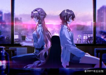 Rule 34 | 2girls, asu (sinsekai), bema (sinsekai), brown hair, character name, closed mouth, commentary request, condensation, copyright name, cup, earrings, flower, from side, hair ornament, highres, holding, holding cup, indoors, jane doe (song), jewelry, kamitsubaki studio, kuga huna, multiple girls, official art, pink hair, profile, rain, sinsekai record, white flower, window, window fog