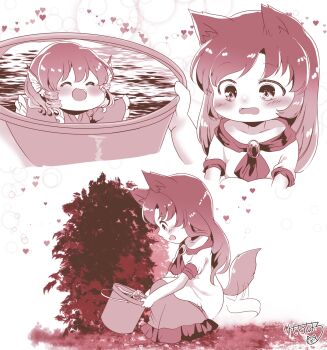 2girls animal_ears blush bucket commentary_request drill_hair drill_sidelocks full_body gake_no_ue_no_ponyo heart highres imaizumi_kagerou in_bucket in_container kemo_chiharu long_hair looking_at_another mermaid mini_person minigirl monochrome monster_girl multiple_girls open_mouth red_theme shirt sidelocks skirt smile tail tail_wagging touhou wakasagihime water wolf_ears wolf_girl wolf_tail