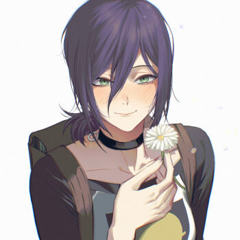 1girl absurdres backpack bag black_choker chainsaw_man choker closed_mouth flower green_eyes grenade_pin hair_between_eyes highres holding holding_flower laburnu medium_hair purple_hair reze_(chainsaw_man) simple_background smile solo white_background white_flower