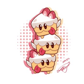 :3 animal_focus cake cake_hound cake_slice chinese_commentary commentary_request cookie_run cookie_run:_kingdom cream_cake_hound creature creature_focus dated dog food food-themed_creature fruit highres naipingjinidadiao no_humans signature stack strawberry tail tongue tongue_out