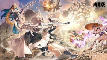 3girls armored_boots black_boots black_robe black_shoes blonde_hair boots braid braided_ponytail breasts cloak day dress explosion fighting firing floating goddess_of_victory:_nikke grey_hair guest_art gun hat headpiece high_heels highres holding holding_gun holding_staff holding_sword holding_weapon katana kei_(keiuu) large_breasts levitation long_hair long_sleeves mage_staff mechanical_arms midair multiple_girls outdoors rapture_(nikke) rapunzel_(nikke) rifle robe rubble scarlet_(nikke) shoes single_mechanical_arm sniper_rifle snow_white_(nikke) staff straw_hat sword very_long_hair weapon white_cloak white_dress white_hair