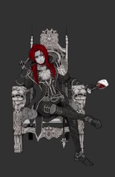 1boy ascot bad_id bad_pixiv_id beard bright_pupils chain chair closed_mouth coat cup drinking_glass facial_hair gilles_de_rais_(grimms_notes) gilles_de_rais_(original)_(grimms_notes) gloves grey_background greyscale grimms_notes head_rest highres holding holding_cup long_hair looking_to_the_side male_focus misoshiru_umai4 monochrome on_chair open_clothes open_coat partially_colored red_hair simple_background sitting solo white_pupils wine_glass