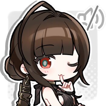 Rule 34 | +++, 1girl, artist request, brown hair, chibi, chibi only, dress, dsr-50 (girls' frontline), evening gown, finger to mouth, girls' frontline, girls' frontline 2: exilium, hair intakes, loreley (girls' frontline 2), lowres, official art, one eye closed, red eyes, second-party source, shushing, solo, volume symbol