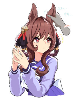 1girl 1other animal_ears blush bow bowtie braid braided_hair_rings breasts brown_hair closed_mouth ear_ornament gentildonna_(umamusume) hair_between_eyes hair_ornament hair_rings hand_up horse_ears horse_girl long_hair nieto_tokage purple_sailor_collar purple_shirt purple_skirt red_eyes rubbing_ears sailor_collar sailor_shirt school_uniform shirt simple_background skirt solo_focus tracen_school_uniform umamusume white_background white_bow white_bowtie