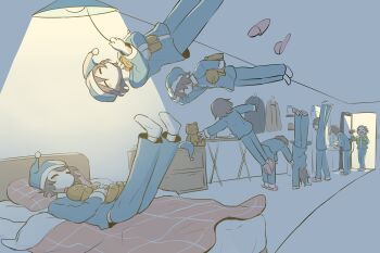 1other absurdres ambiguous_gender avogado6 bed blanket blue_pajamas ceiling_light drying_hair drying_own_hair grey_hair hat highres hug hugging_doll hugging_object indoors nightcap original pajamas pillow sequential short_hair slippers socks stuffed_animal stuffed_toy teddy_bear white_socks