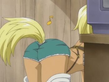 1girl animated animated_gif ass blonde_hair dark-skinned_female dark_skin denim denim_shorts green_shorts liru musical_note renkin_san-kyuu_magical_pokaan screencap shorts tail tail_wagging television wolf_tail