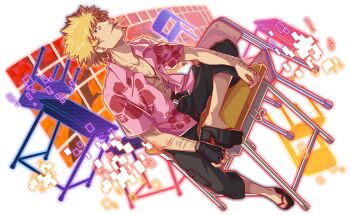 1boy bakemonogatari black_pants black_sandals blonde_hair cel_shading chair cigarette collared_shirt crash_fever cross desk dutch_angle earrings fingerless_gloves full_body game_cg gloves hawaiian_shirt inverted_cross inverted_cross_necklace jewelry leaning_back male_focus monogatari_(series) mouth_hold necklace official_art official_style on_desk open_clothes open_shirt oshino_meme outline pants parted_lips pink_shirt red_outline sandals school_chair school_desk shirt short_hair short_sleeves single_glove sitting solo stud_earrings tachi-e transparent_background