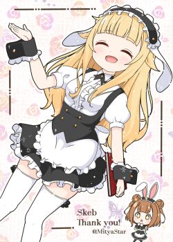 Rule 34 | + +, 2girls, :d, :o, ^ ^, animal ears, apron, beatrice (princess principal), black hairband, black skirt, blonde hair, blush, breasts, brown eyes, brown hair, center frills, chibi, chibi inset, closed eyes, collared shirt, commentary request, commission, cosplay, double bun, fake animal ears, fleur de lapin uniform, floppy ears, floral background, frilled apron, frilled hairband, frilled skirt, frills, gochuumon wa usagi desu ka?, hair bun, hairband, kirima syaro, kirima syaro (cosplay), long hair, medium breasts, mitya, multiple girls, open mouth, partial commentary, princess (princess principal), princess principal, puffy short sleeves, puffy sleeves, rabbit ears, shirt, short sleeves, skeb commission, skirt, smile, solo focus, thank you, thighhighs, twitter username, two side up, very long hair, waitress, white apron, white shirt, white thighhighs, wrist cuffs