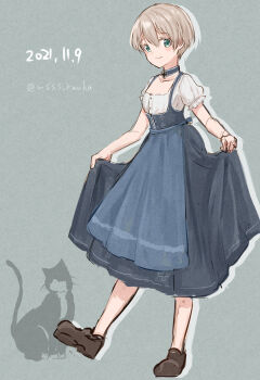 1girl apron blouse blue_eyes cat dated dirndl dress full_body german_clothes grey_background highres kantai_collection official_alternate_costume one-hour_drawing_challenge pinafore_dress puffy_short_sleeves puffy_sleeves shirt short_hair short_sleeves silver_hair simple_background skirt skirt_hold sleeveless sleeveless_dress solo unsinkable_sam waist_apron wss_(nicoseiga19993411) z1_leberecht_maass_(kancolle) z1_leberecht_maass_(oktoberfest)_(kancolle)
