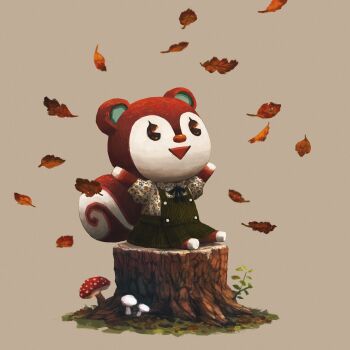Rule 34 | absurdres, animal crossing, autumn leaves, falling leaves, highres, leaf, light brown background, mushroom, nintendo, omochi freedom, poppy (animal crossing), sitting, on tree stump, squirrel